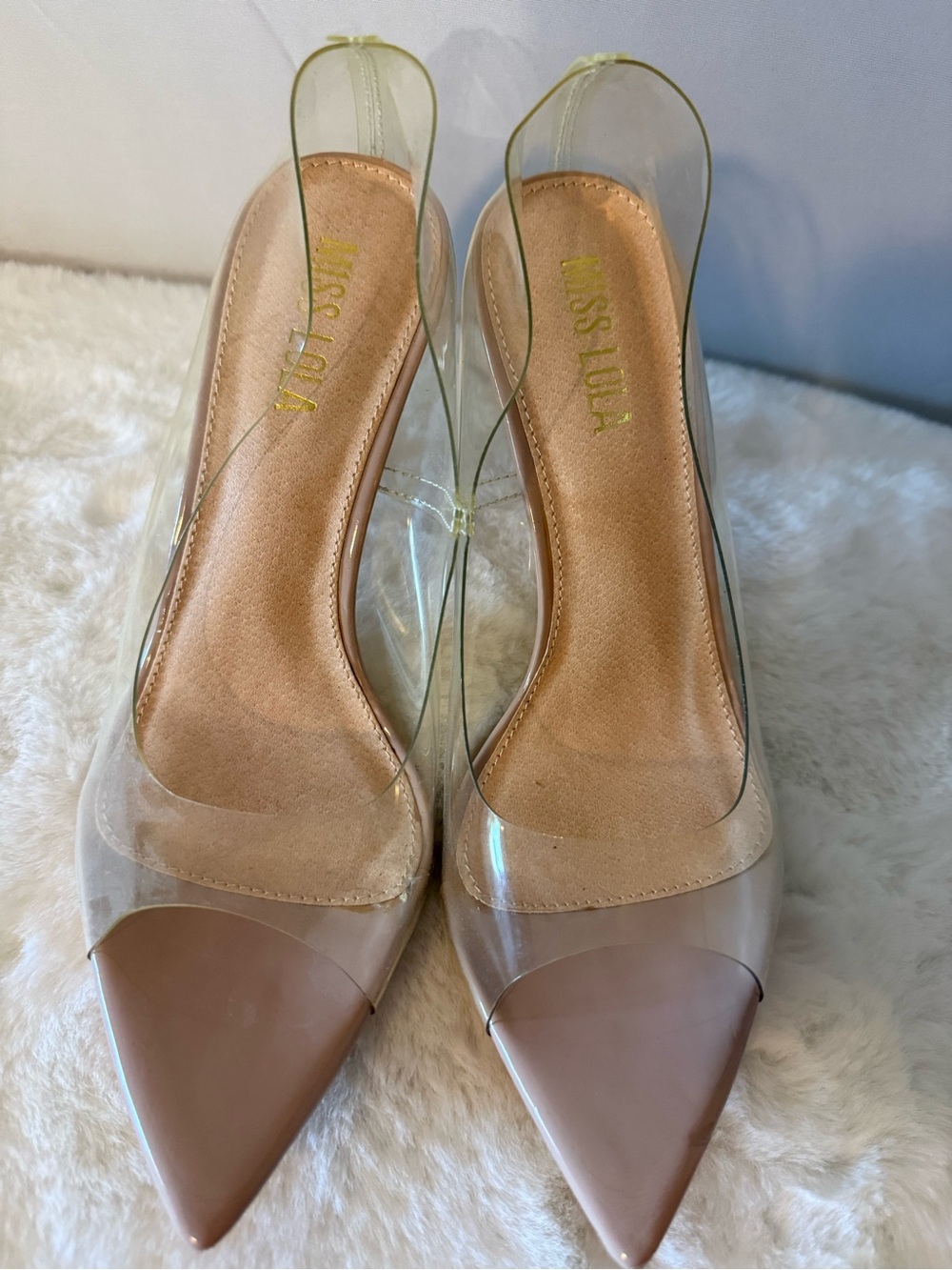 Miss Lola Clear PVC Pointed Toe Slingback Pumps in Nude Brown